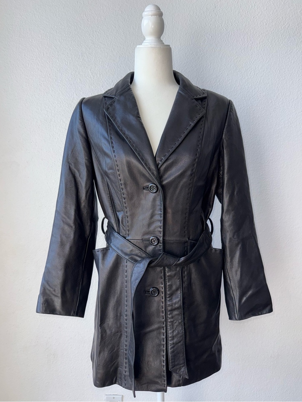 Preston & York Black Genuine Lambskin Leather Trench Coat Jacket